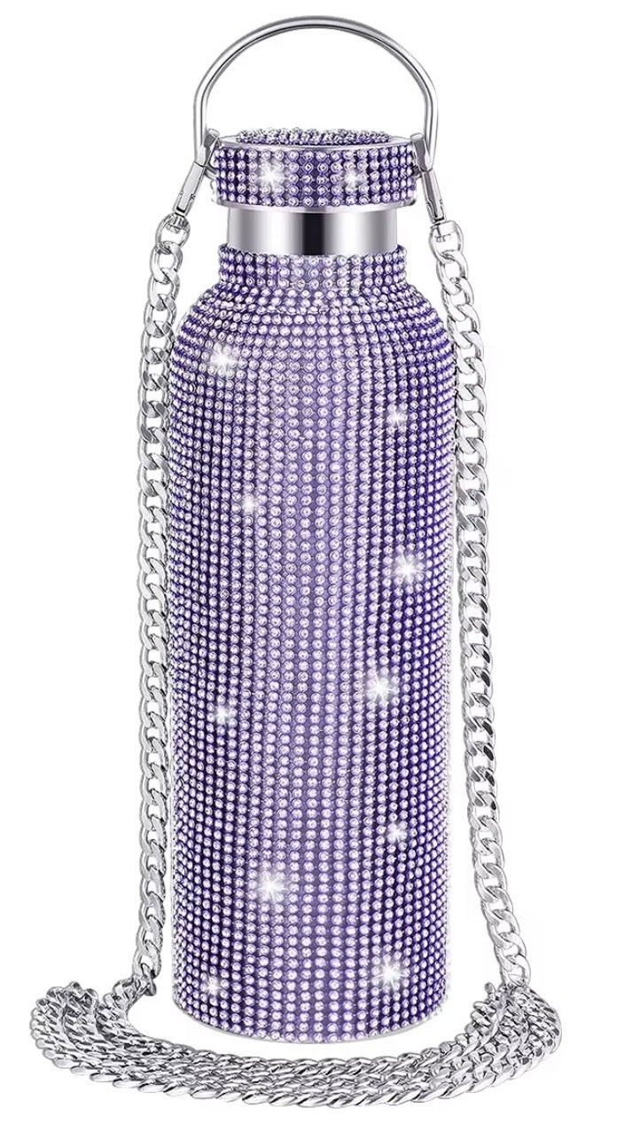 Rhinestone Bling Stainless Steel Thermos Water Bottle: PURPLE