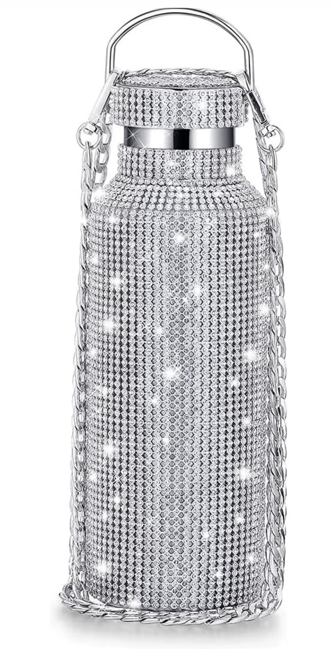 Rhinestone Bling Stainless Steel Thermos Water Bottle: SILVER